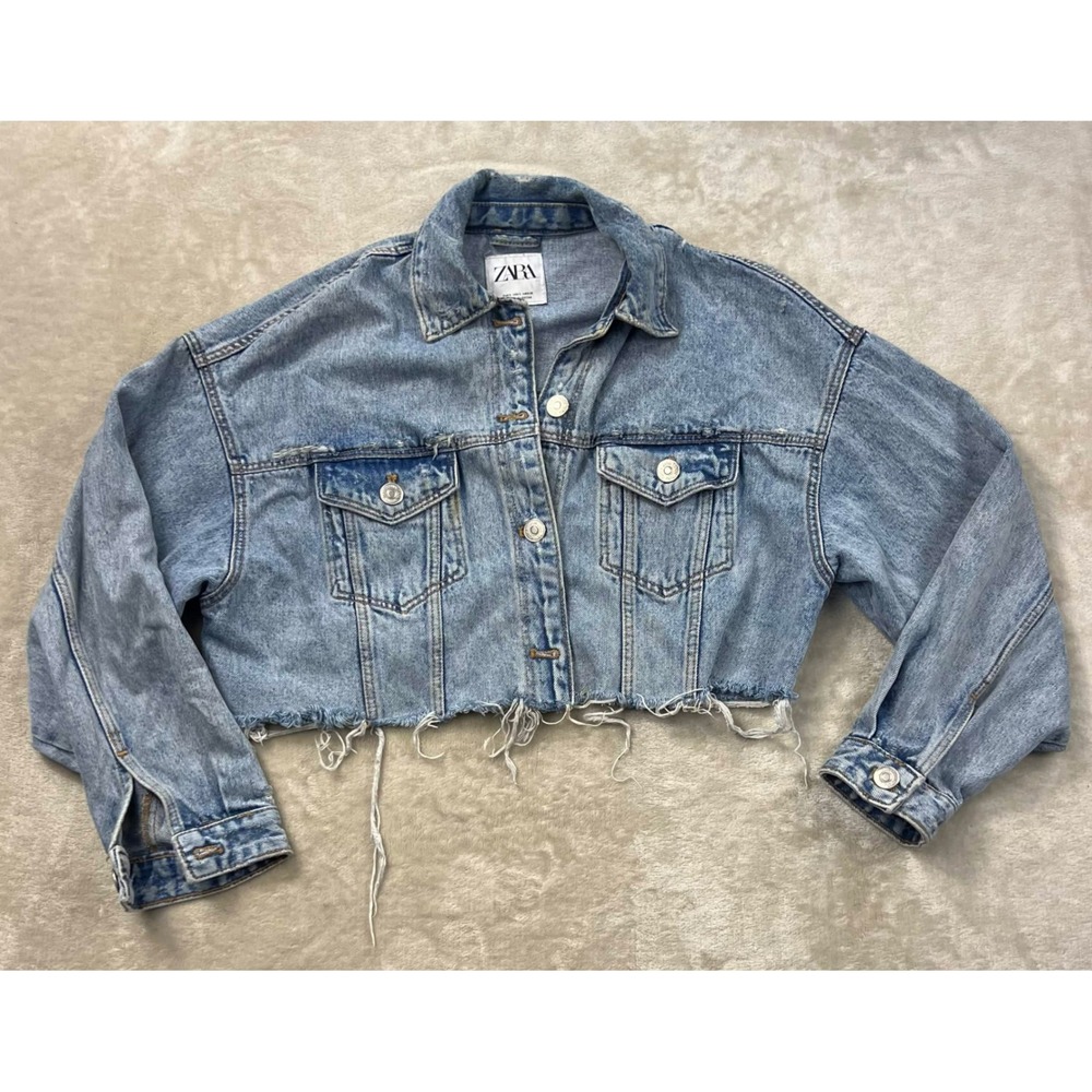 Zara Women's Cropped Denim Jacket Light Wash Distressed Raw Hem Blue Small